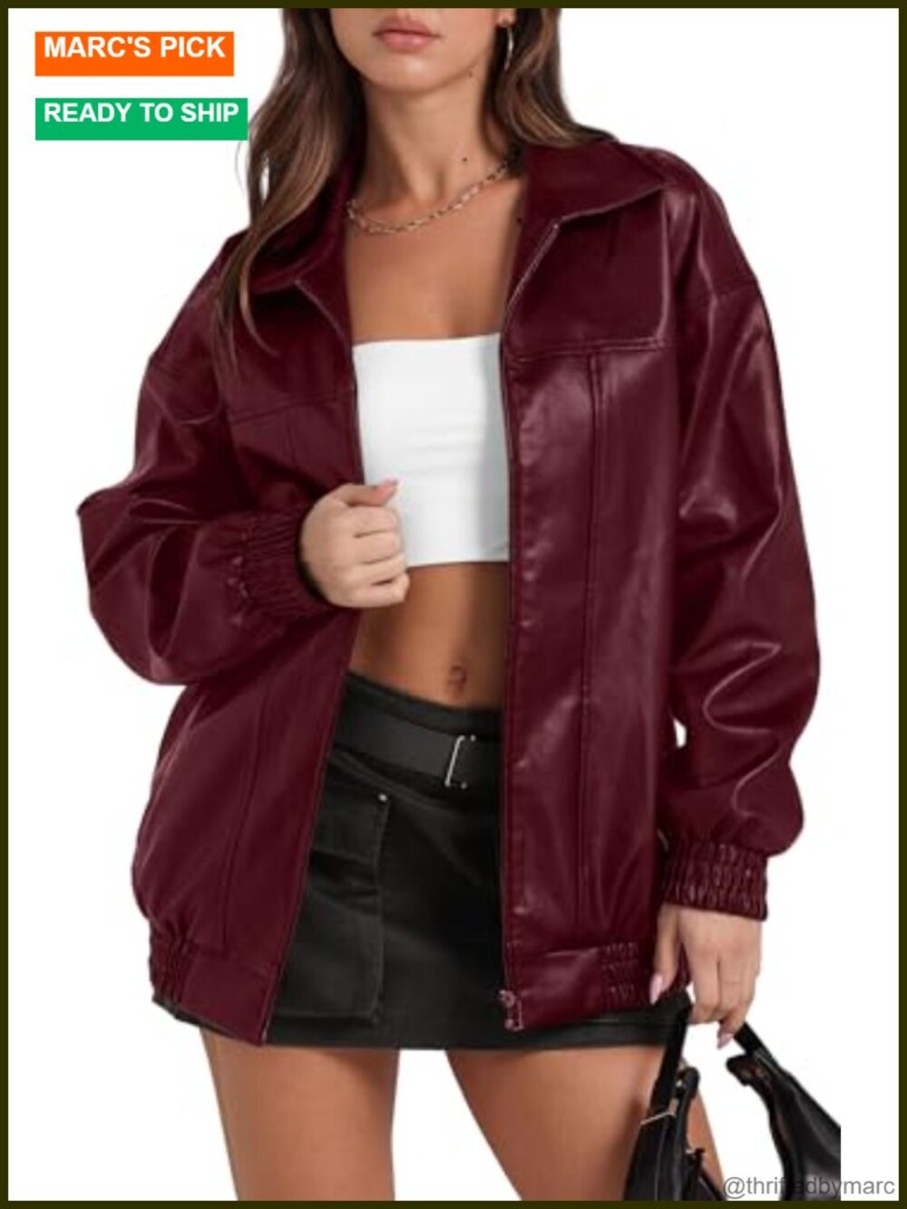 Women's Faux Leather Oversized Motorcycle Bomber Jacket Long Sleeve